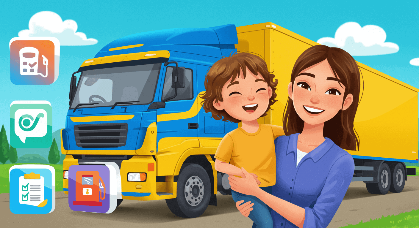 Cartoon-style illustration showing a mom holding her child beside a semi-truck, fuel pump, and checklist icons—representing fleet management tips inspired by moms.