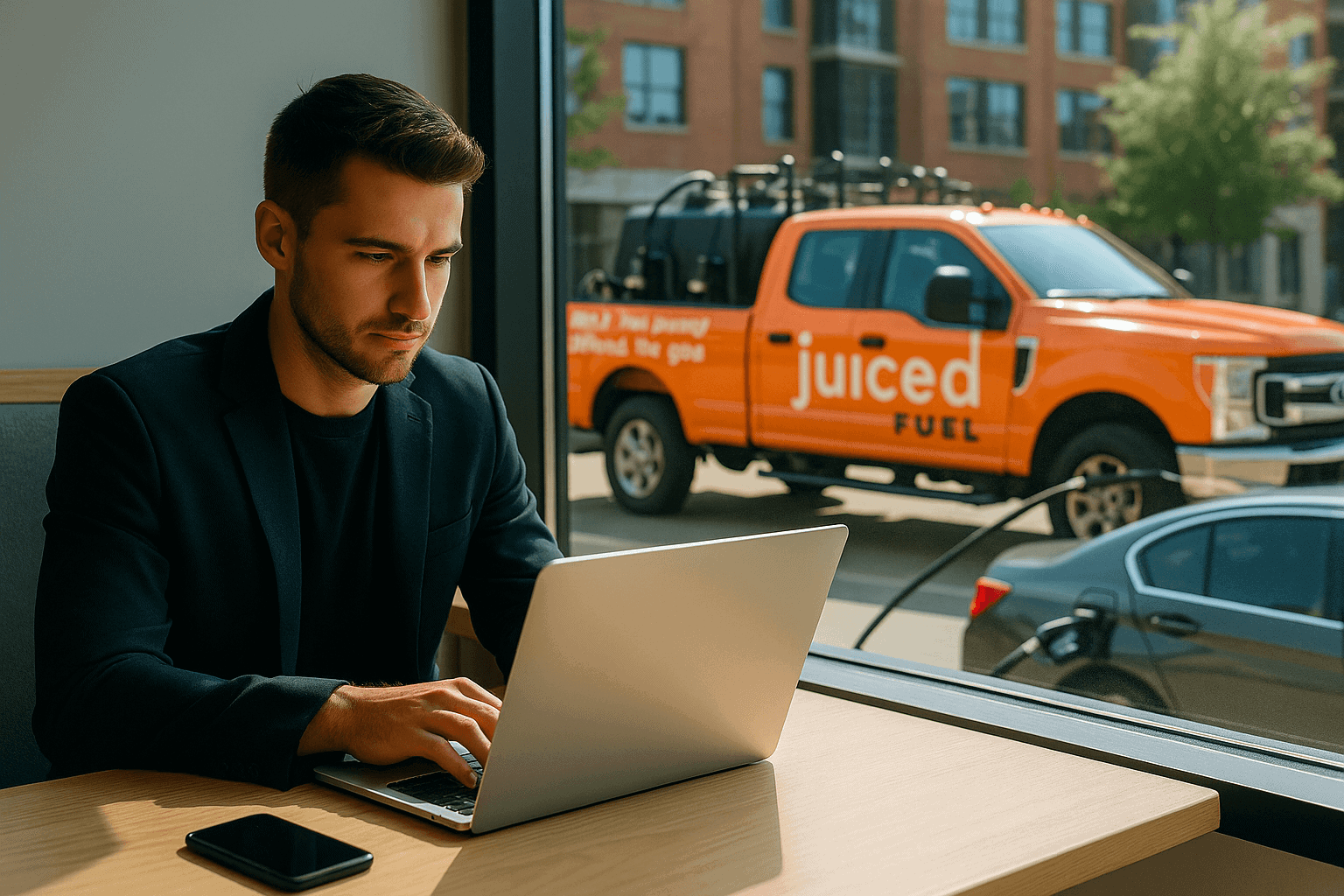 Entrepreneur working at a laptop while Juiced Fuel truck delivers mobile fuel in the background