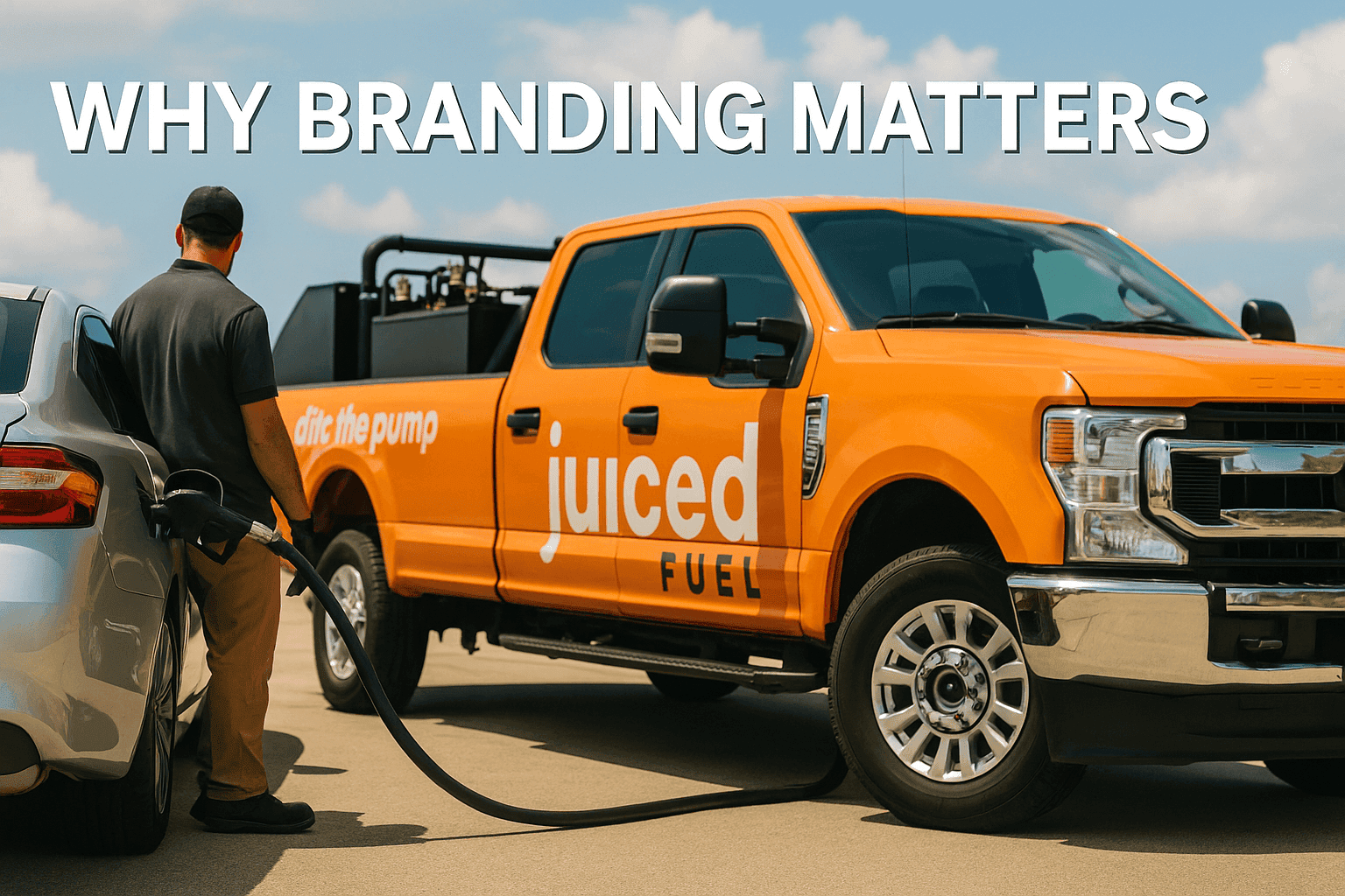 Juiced Fuel’s bright orange delivery truck refueling a parked sedan, showcasing brand consistency with bold graphics and clear messaging