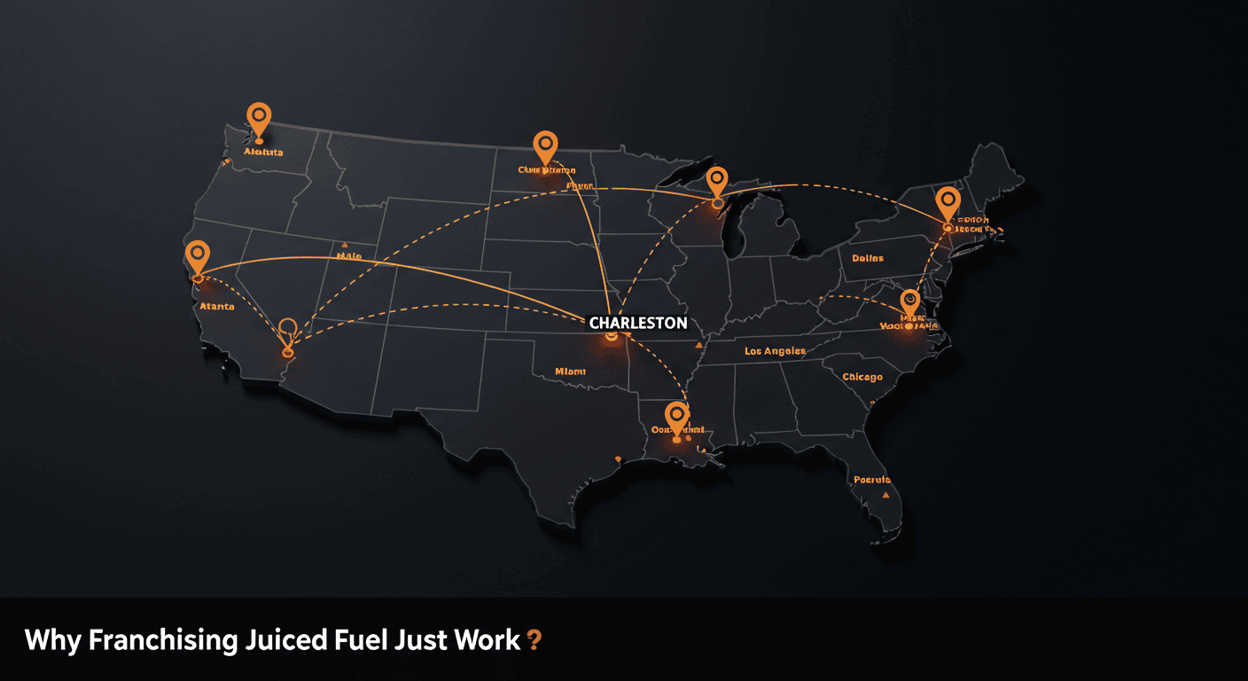 Map of the United States showing Charleston as the origin of Juiced Fuel’s franchise expansion, with dotted lines extending to multiple U.S. cities. Styled with Juiced Fuel’s brand orange (#F26522) on a dark background to symbolize scalable growth.