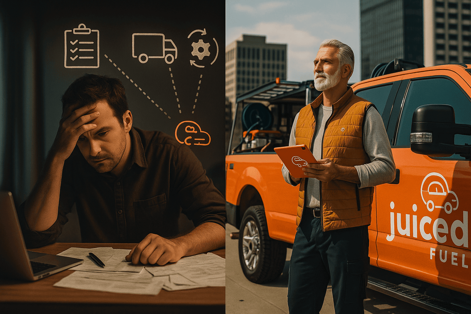 A split-scene image illustrating the benefits of franchising compared to starting a fuel delivery business independently, featuring a Juiced Fuel truck and a generic DIY setup.