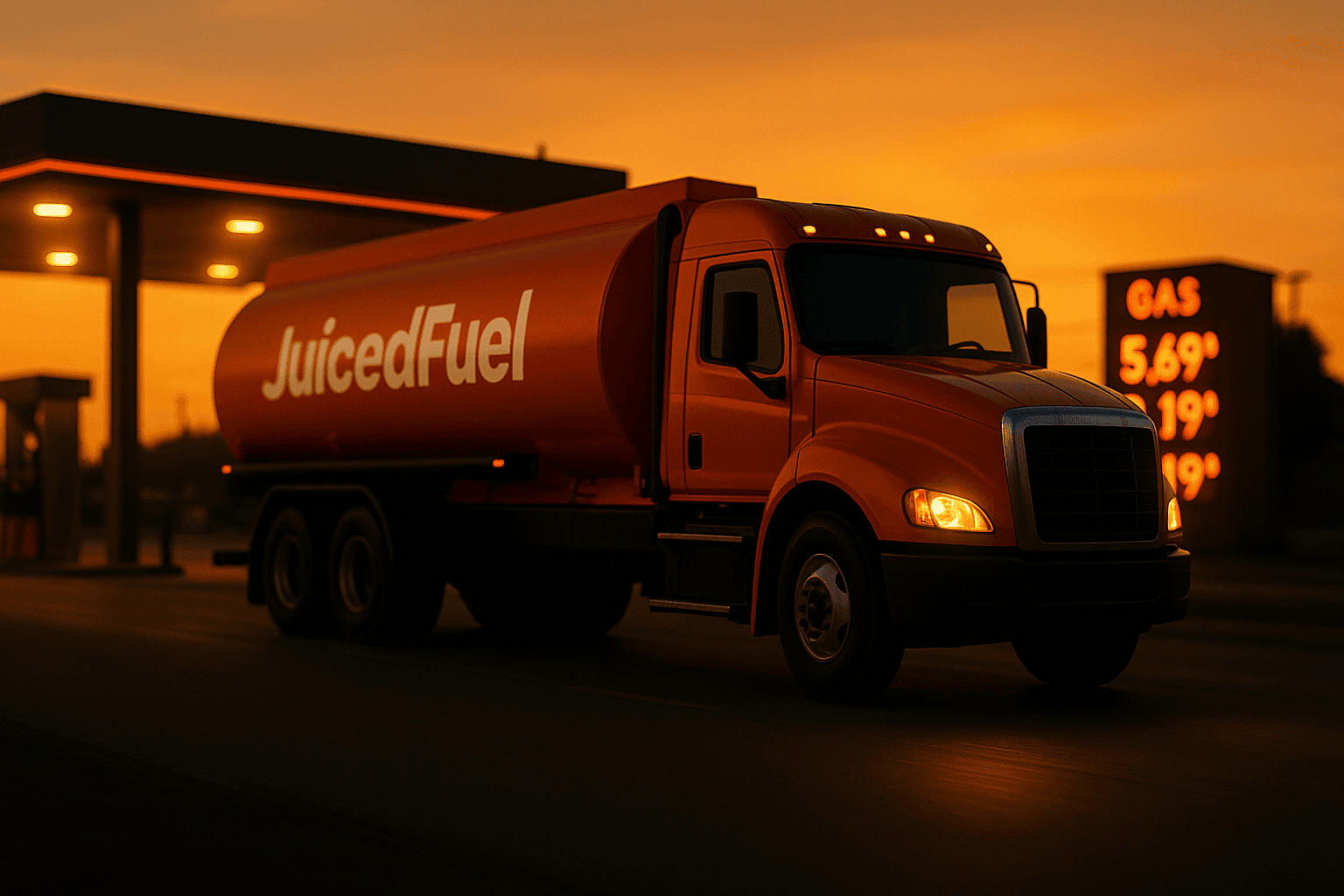 A Juiced Fuel delivery truck drives past a traditional gas station at sunset, highlighting the price gap between wholesale and retail fuel.