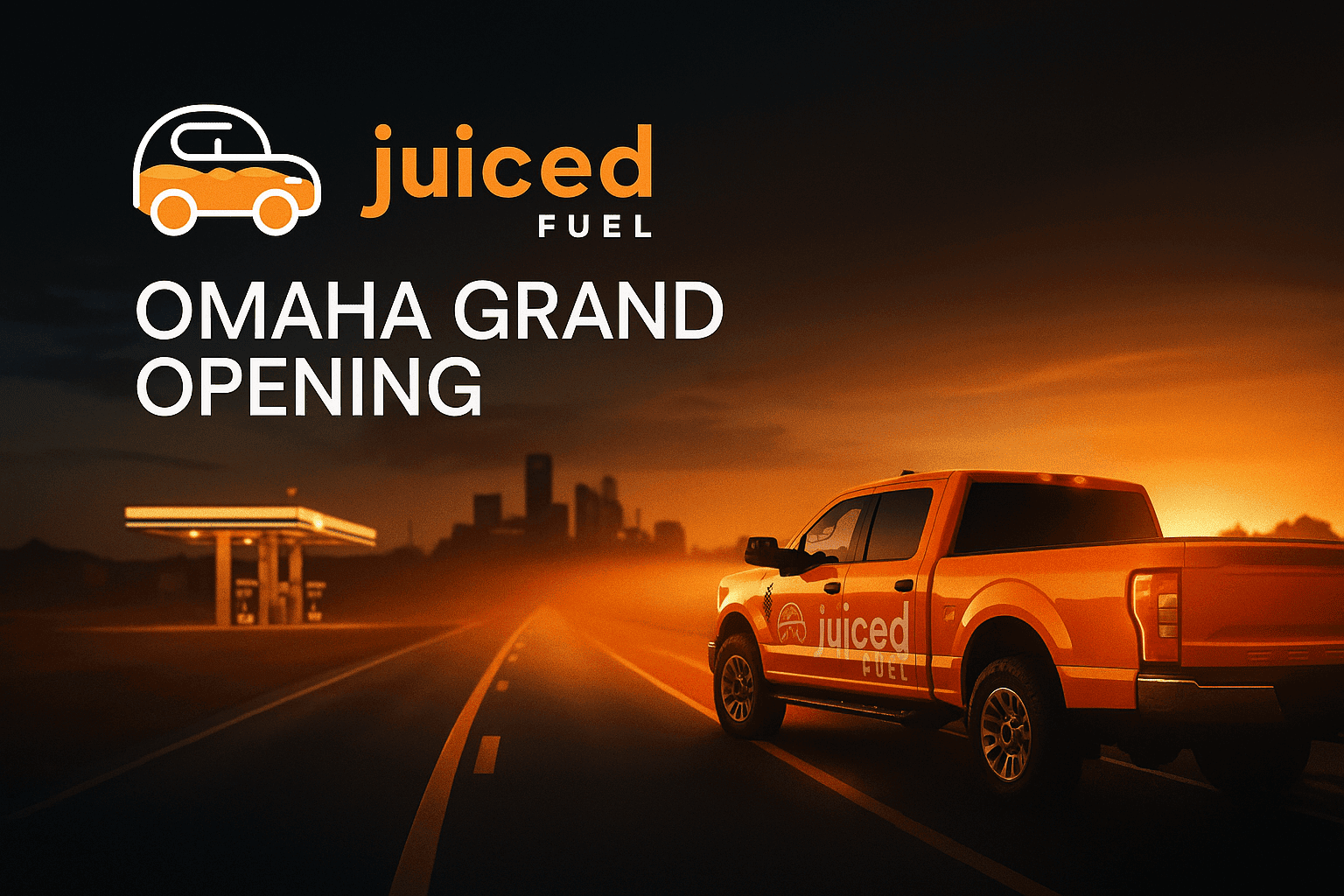 Juiced Fuel Omaha Grand Opening banner displayed over the Nebraska Crossing Outlets entrance, featuring Juiced Fuel’s orange logo and branding.