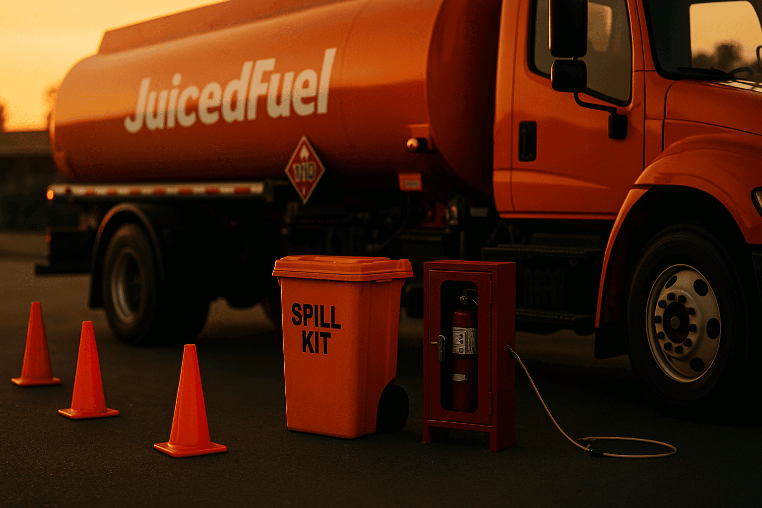 A Juiced Fuel truck at sunset displaying safety equipment including a spill kit, fire extinguisher cabinet, traffic cones, and a grounding cable.