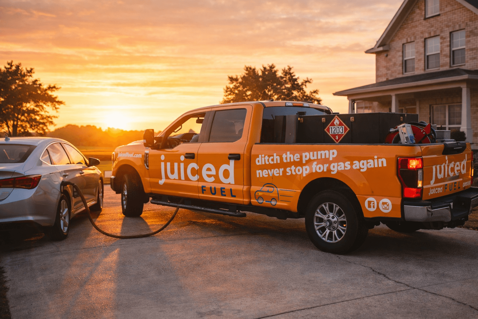 Juiced Fuel orange mobile fuel delivery truck refueling a car in a residential driveway at sunrise